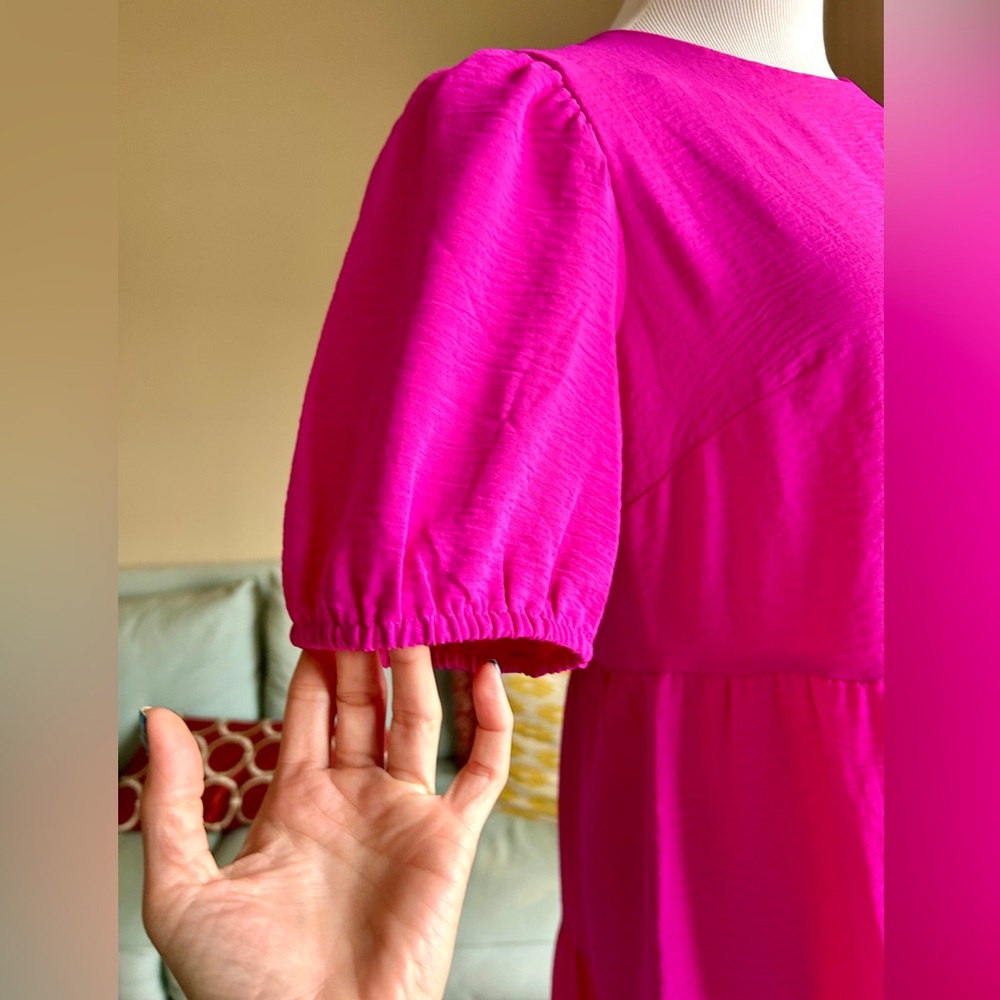 DKNY Bright Pink Tiered Baby Doll Dress Puff Sleeve Size 8 - Picture 9 of 12
